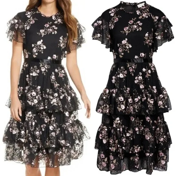 NEW Rachel Parcell Black soft pink Embroidered Floral
Tiered Dress size small - Picture 3 of 11